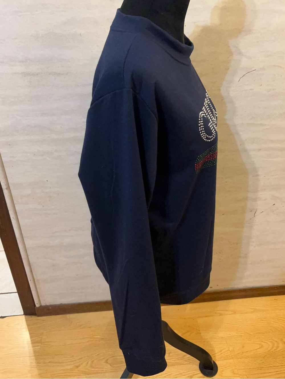 Designer Inspired Navy Crewneck Sweatshirt with Rhinestone Vintage Logo - Picture 2 of 5